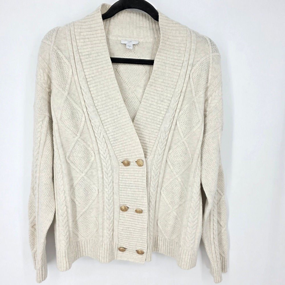 J. Jill Cream Cable Knit Double Breasted Cardigan‎ Gold Crest Button Medium